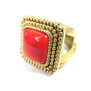Lia Sophia Gold Tone Square Cabochon Coral Orange Red Wide Chunky Ring Size 7